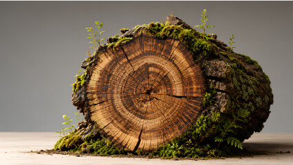 Fototapeta premium Moss Covered Tree Log with Miniature Bonsai – Nature Regeneration and Sustainable Forest Concept