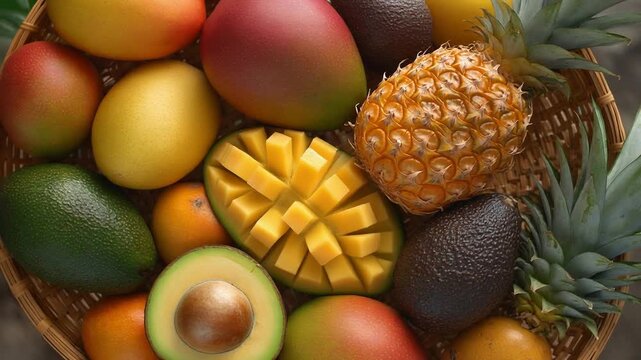 Tropical Fruits Basket Top View with Diced Mango Pineapple and Fresh Avocado