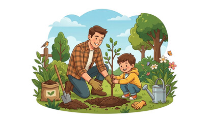 Fototapeta premium Father and child planting tree sapling family gardening vector illustration