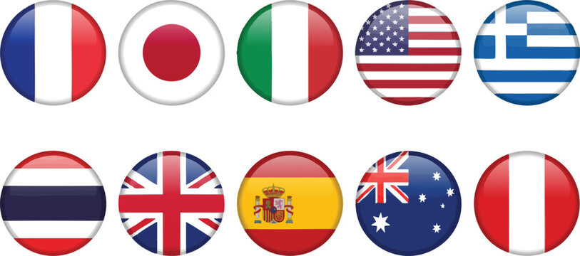 Glossy world flag badges with national colors on white background