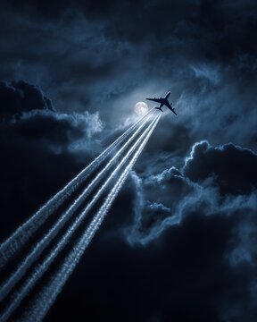 Airplane Silhouette Flying Through Night Clouds and Moon
