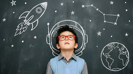 Fototapeta premium Young boy wearing glasses looking up dreaming of becoming an astronaut with space chalk drawings on blackboard