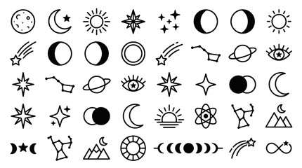 Fototapeta premium Black and white celestial icons set.