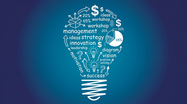 Business innovation concept featuring light bulb symbol with strategy and management keywords