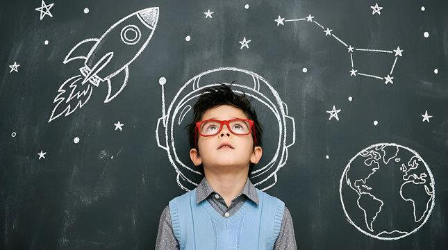 Young boy wearing glasses looking up dreaming of becoming an astronaut with space chalk drawings on blackboard