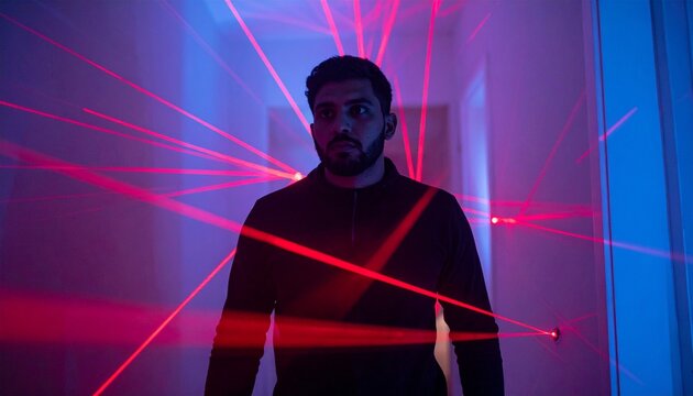 Man navigating laser security grid in dark heist mission scenario