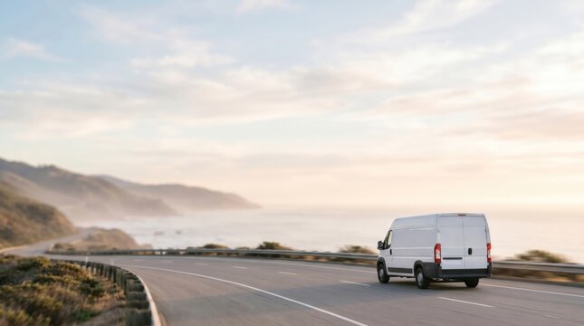 White cargo van driving on a scenic coastal highway at sunset, representing logistics delivery services, small business transport, and the freedom of van life travel adventure