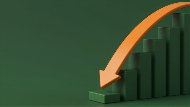Orange arrow points down over green bars, symbolizing decline or decrease.