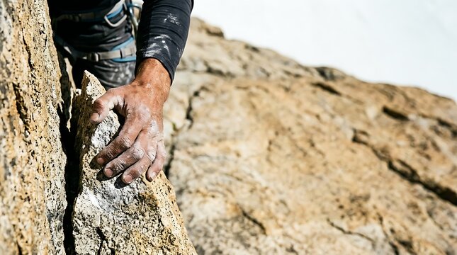 Close up of a chalky hand gripping a rock ledge while climbing