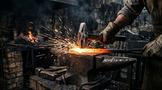 Blacksmith hammering glowing hot metal on anvil in traditional forge