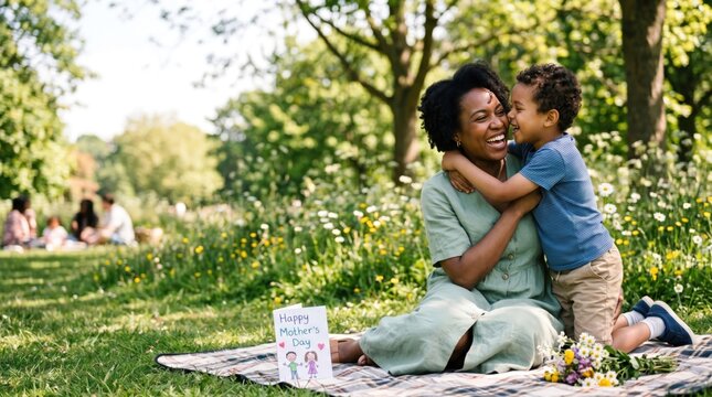 Black mother and young son celebrating Mother's Day with a card and flowers in a sunny park, happy African American family bonding outdoors, authentic lifestyle photography