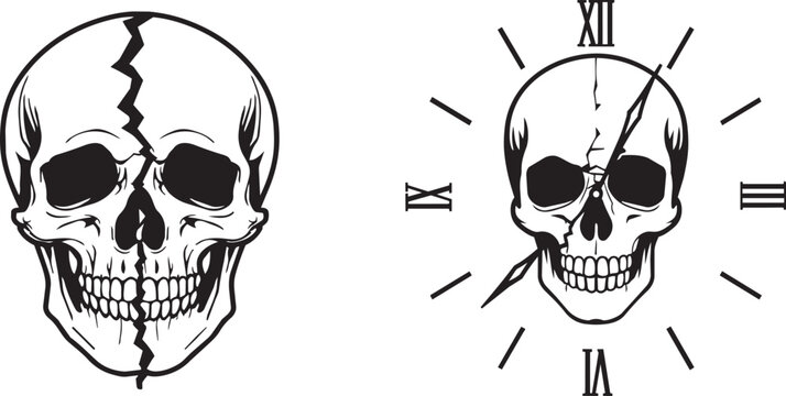 Skull clock icon with cracked and smiling faces