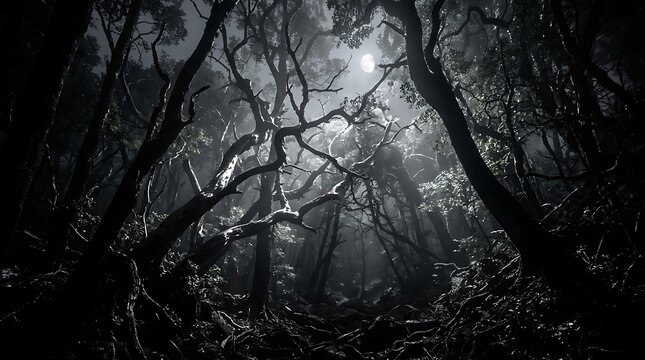 Moonlight illuminating gnarled trees in a dark eerie forest