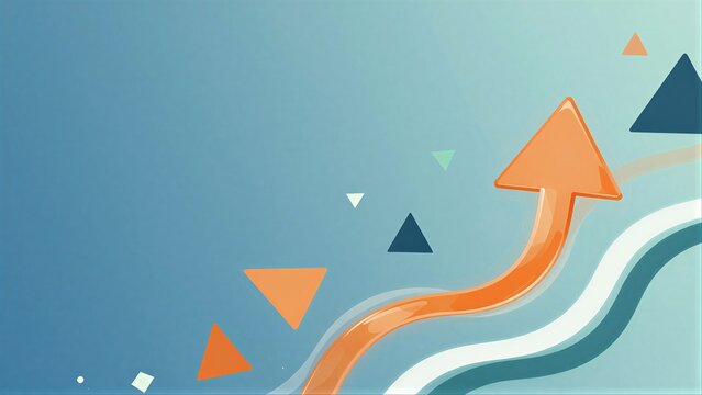 Orange arrow surges upward, guiding colorful triangles through flowing blue waves.