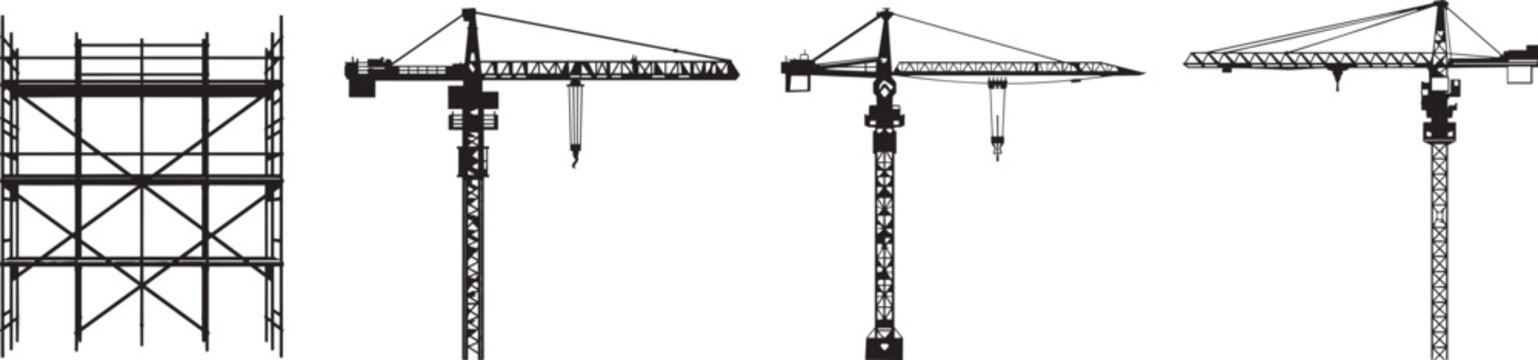 Four construction tower cranes lifting materials at a building site