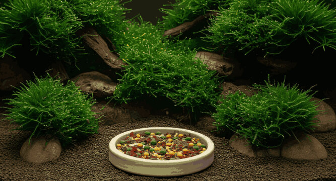 Lush Green Aquarium Moss and Ceramic Feeding Dish with Mixed Fish and Shrimp Food