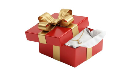 Fototapeta premium 3D Realistic Open Red Gift Box with Gold Ribbon and Diamond Necklace on Black Background