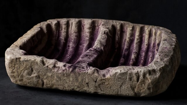 An ancient stone winepress basin with deep purple grape residue stains.