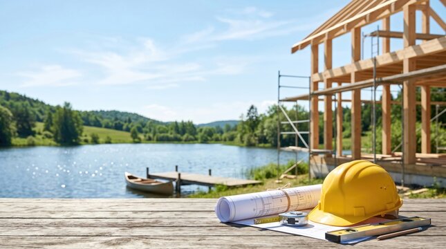 Lakeside vacation home construction site with blueprints and hard hat on wooden deck, concept for residential property development and architectural planning in nature