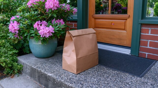 Food delivery paper bag placed at house entrance during daylight hours