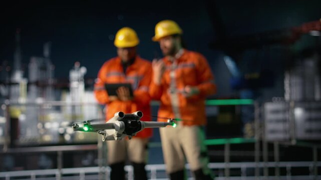 Close up of drone used by drilling rig crew to find new petrol extraction sites during oil crisis with offshore platform context.