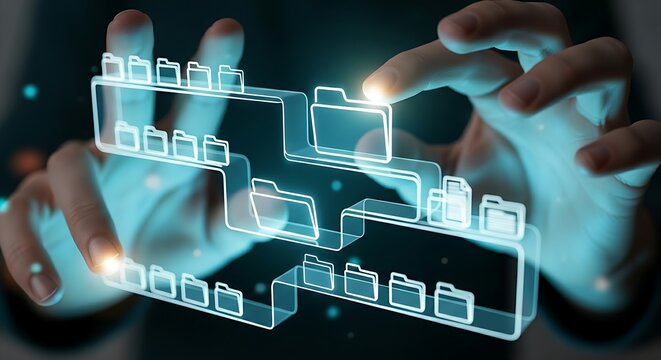 Hands organizing holographic folders in cloud storage for digital file management.