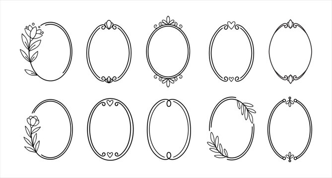 Minimalist line art wedding oval frame vector illustration set. Vintage floral monogram border background with abstract botanical leaf for logo design.