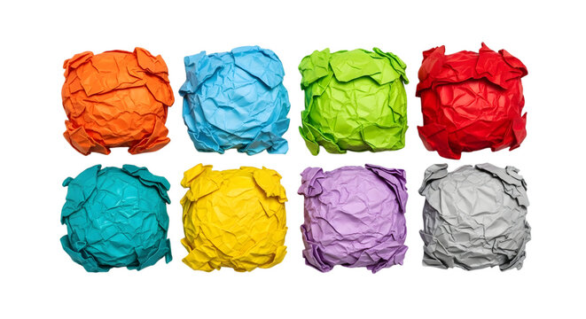 Eight crumpled paper balls in vibrant colors isolated on transparent background