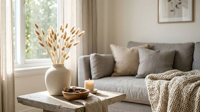 Minimalist living space with warm morning light