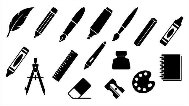 Collection of black silhouette icons representing various writing drawing and art tools.