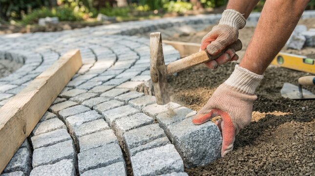 Close Up of Worker Hands with Gloves Laying Granite Cobblestone Paving Blocks with Hammer During Path Construction