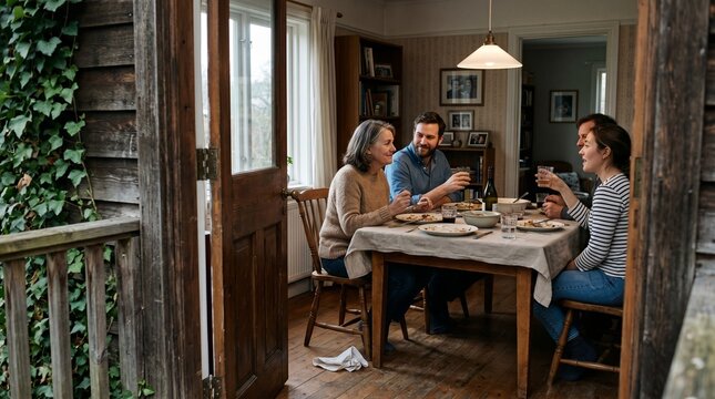Candid shared meal with unspoken family connection at table