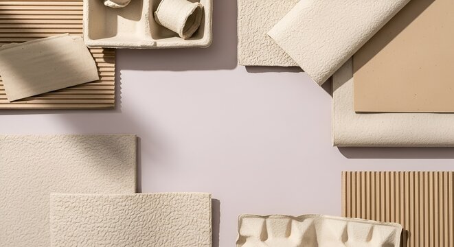 Various textured paper materials and molded pulp packaging arranged in a flat lay composition with harsh sunlight and deep shadows