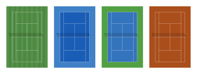 Obraz premium Tennis Court Vector Illustration. Set of Grand Slam Tennis Tournament Courts with Net and white line markings. Grass and Clay Tennis Court Graphics. 