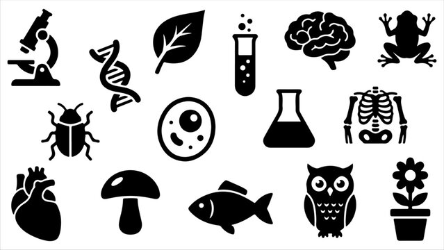 Diverse collection of black silhouette icons representing biology and science concepts.