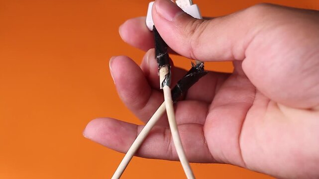 Close-up shot of a hand holding a badly broken white charging cable that has been poorly repaired with messy black electrical tape.