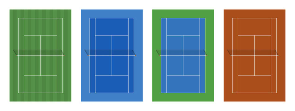 Tennis Court Vector Illustration. Set of Grand Slam Tennis Tournament Courts with Net and white line markings. Grass and Clay Tennis Court Graphics. 