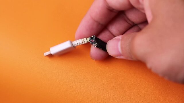 Close-up view of a person's hand holding a damaged white USB Type-C charging cable showing severe wear and exposed internal wiring.