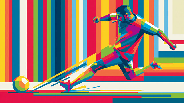 A soccer player kicks a ball in a creative geometric pop art style with vibrant colors
