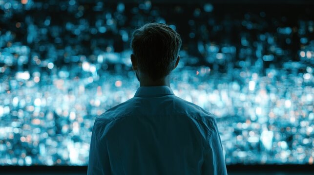 A professional looks at a large holographic screen showing AI agents working on various tasks while the setting glows blue.