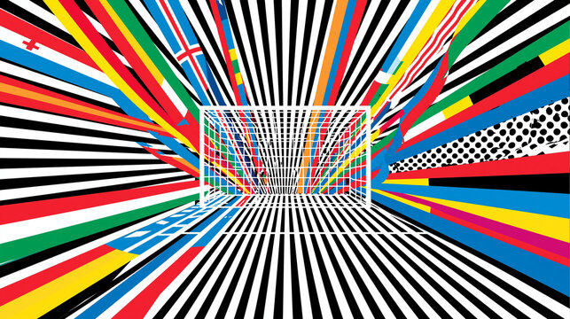 A soccer goal centered in a perspective tunnel of colorful world flags and bold black and white lines
