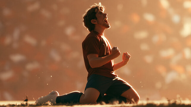 A happy soccer player celebrates a goal by kneeling on the field with his arms raised in victory during a match