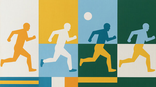 Abstract illustration of multiple people running in a sequence against a colorful geometric background