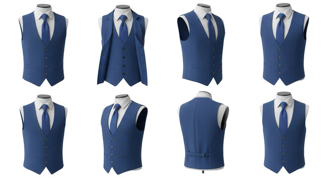 formal blue vests arranged on display dummies different angles against a white background potentially for fashion advertising