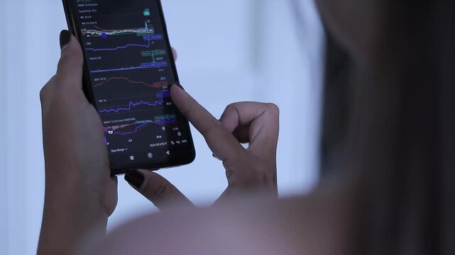 A woman's hand uses a finger to interact with a stock market chart on a smartphone screen, illustrating financial analysis and trading.