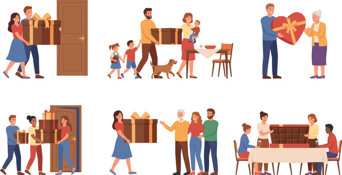 Family and friends moving into a new home packing and unpacking boxes a flat design vector illustration for relocation housewarming and special occasion concepts