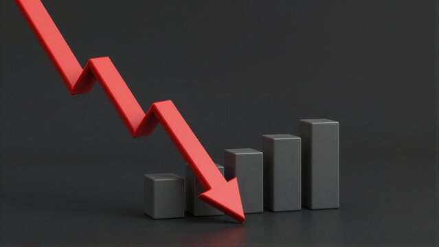 Red arrow plunges downward over gray bars, symbolizing decline or downturn.