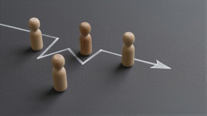 Obraz premium Wooden figures follow a rising arrow, symbolizing growth and progress.