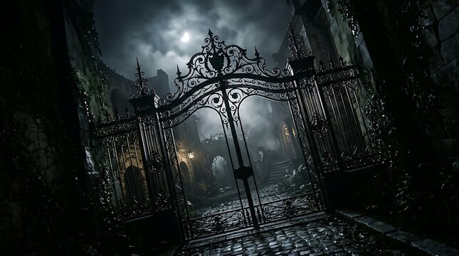 Gothic iron gates leading to a dark manor under a moonlit sky