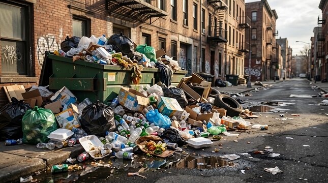 Overflowing urban dumpster with waste in a city alleyway